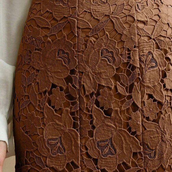 Coffee Brown Elegant Women's Patchwork Design Heavy Lace Hollow-Out Skirt - Picture 2 of 7